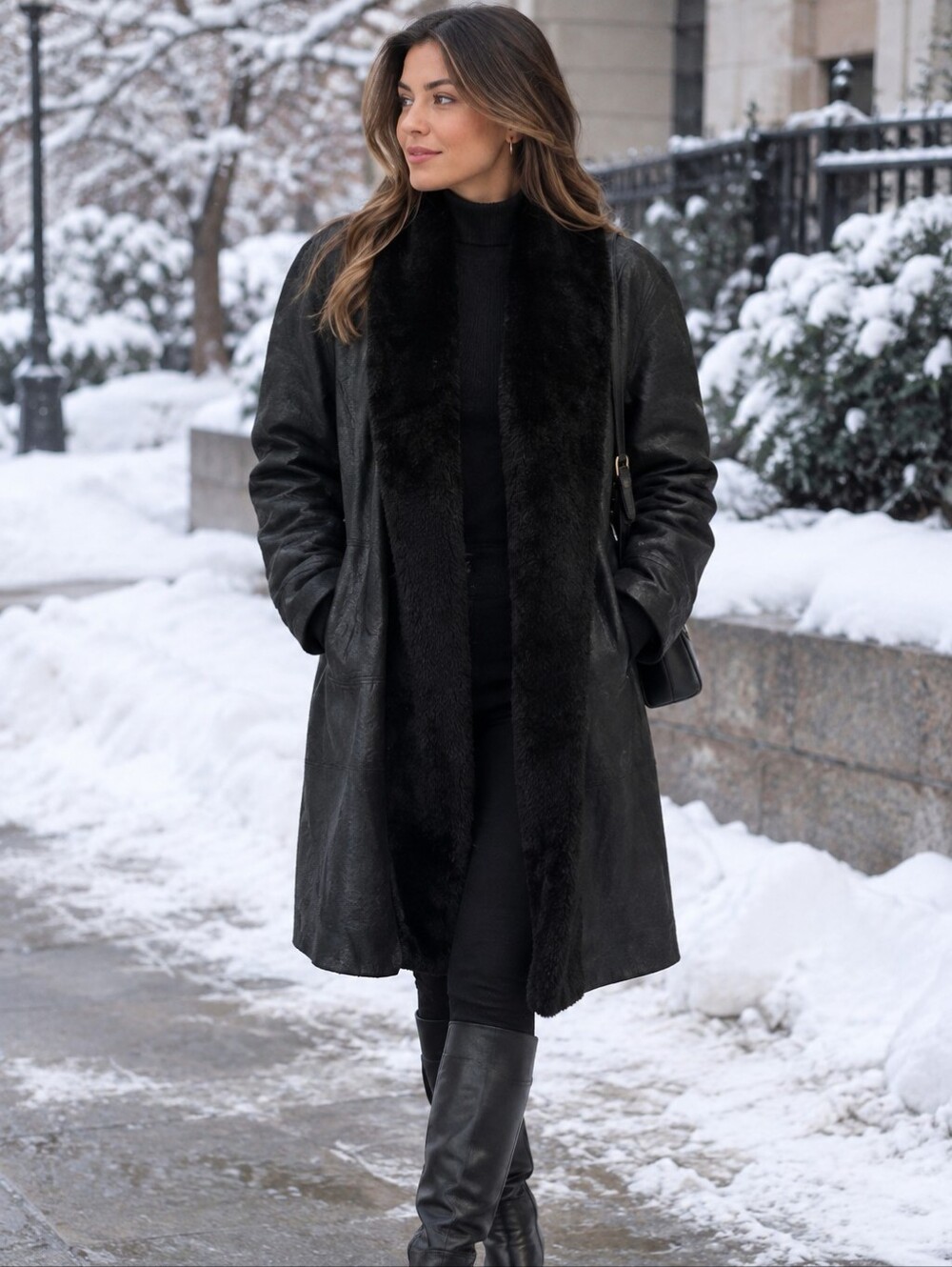 D.A.N.Y. Black Faux Fur-Trim Leather Coat Women's Jacket Sz S